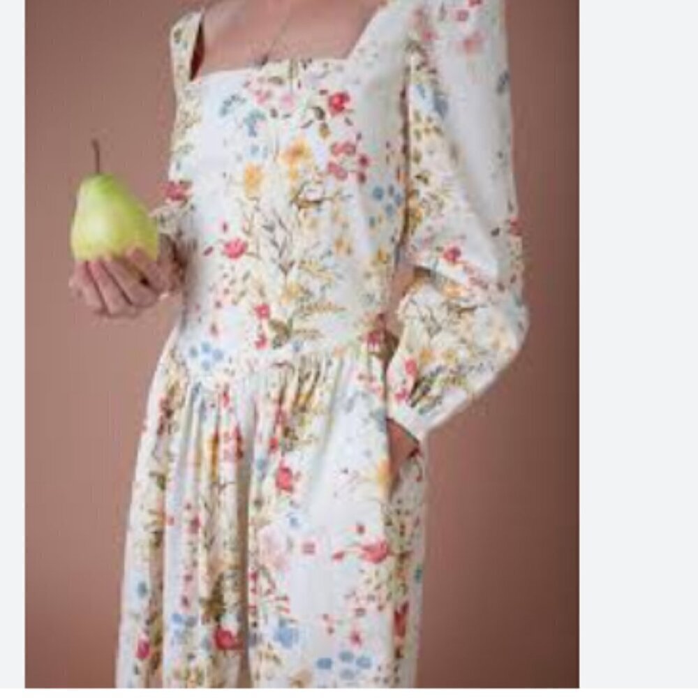 Meadows Marigold Maxi Dress Meadow Flowers Cream Cotton Poplin Cottagecore 2 - Picture 4 of 13